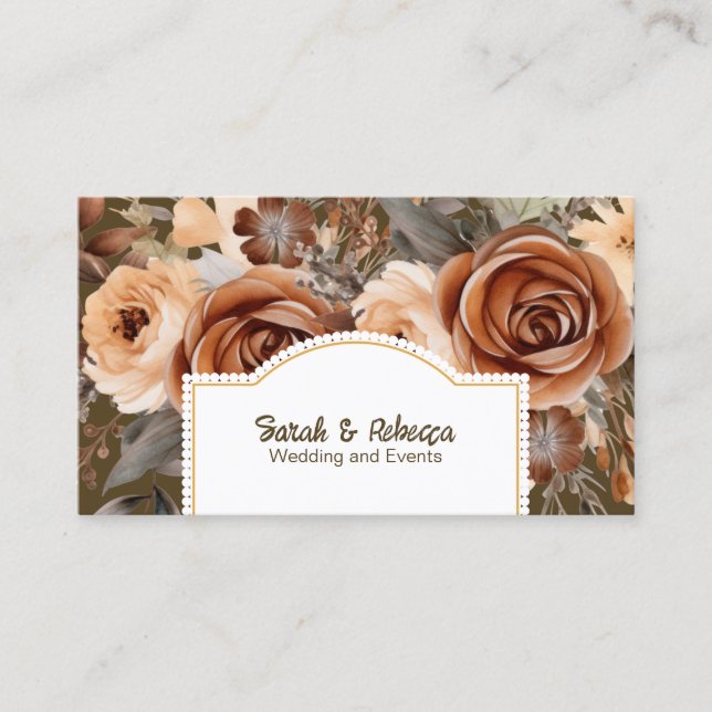 Elegant Boho Bohemian Gold Champagne Brown Floral Business Card (Front)