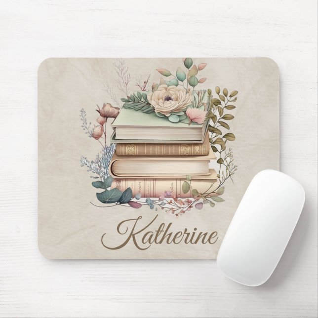 Elegant Boho Book Stack Floral  Name Mouse Pad (With Mouse)