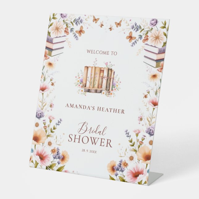 Elegant Boho Book Theme Bridal Shower Welcome Pedestal Sign (Front)
