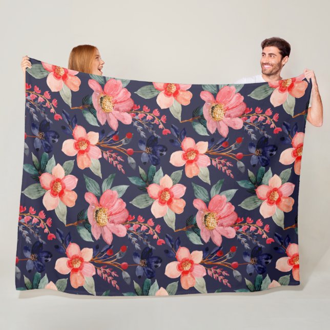 Elegant boho botanical lovely wildflowers navy fleece blanket (In Situ)