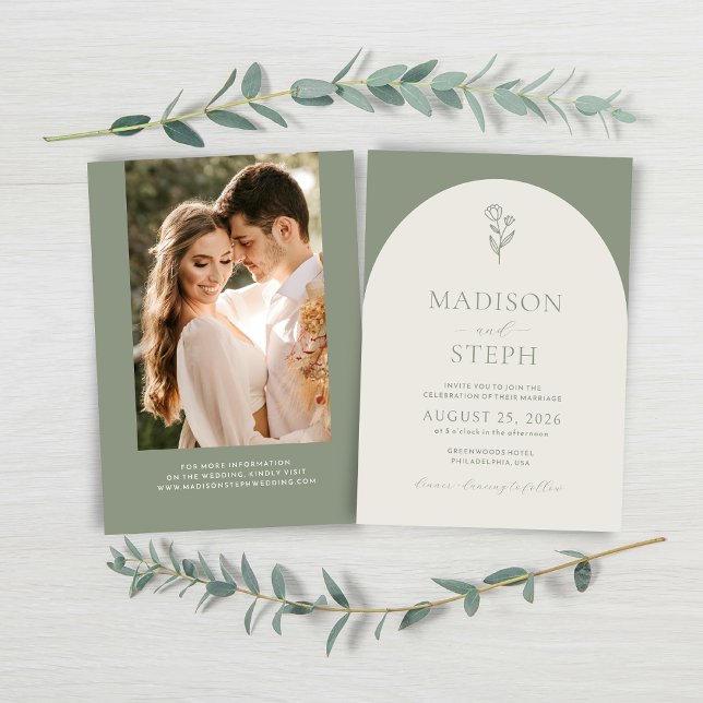 Elegant Boho Botanical Sage Green Wedding Photo Invitation (Creator Uploaded)