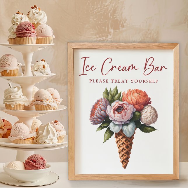 Elegant Boho Bridal Shower Ice Cream Bar Poster (Elegant Boho Bridal Shower Ice Cream Bar Sign)