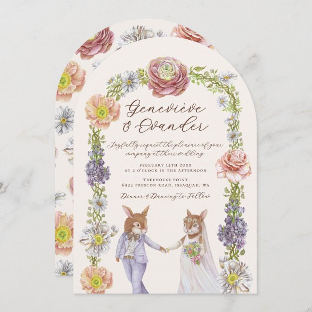 Elegant Boho Bunny Love Watercolor Floral Wedding  Invitation (Front/Back)