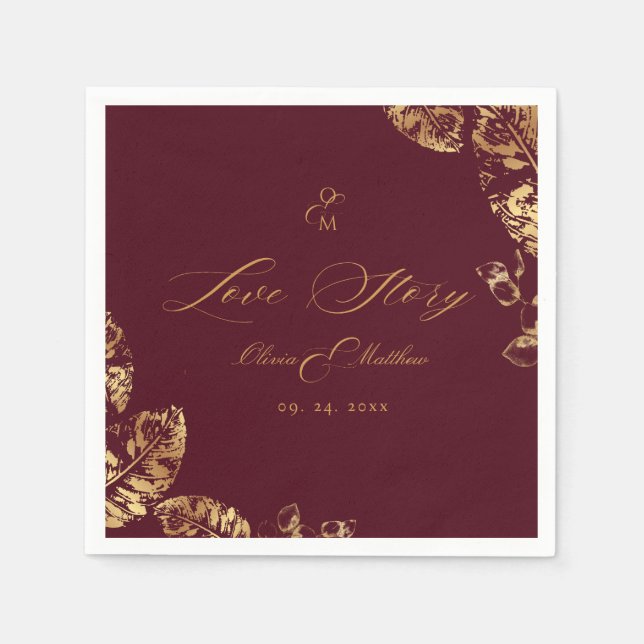 Elegant Boho | Burgundy and Gold Autumn Wedding Napkin (Front)