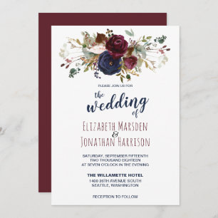 Elegant Boho Burgundy and Navy Blue Floral Wedding Invitation