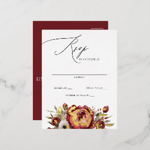 Elegant Boho Burgundy Blush Floral RSVP Foil Invitation Postcard