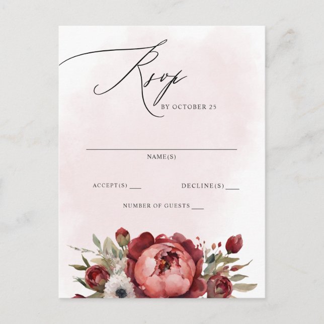 Elegant Boho Burgundy Blush Floral RSVP Postcard (Front)