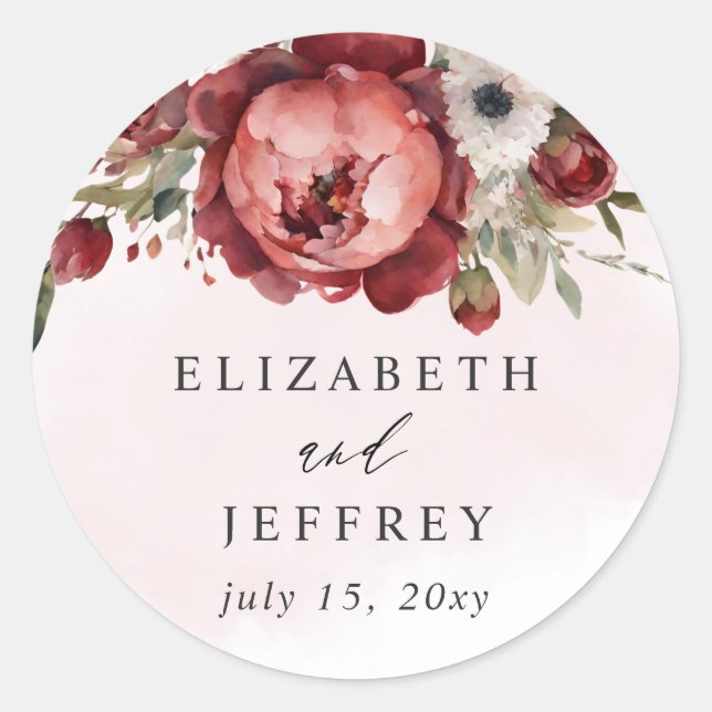Elegant Boho Burgundy Blush Floral Wedding Classic Round Sticker (Front)