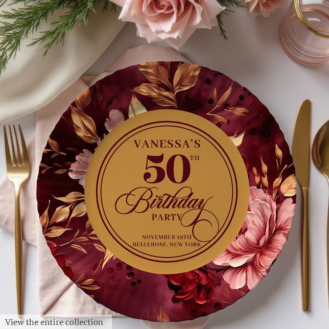 Elegant Boho Burgundy Blush Gold 50th Birthday  Paper Plate (Elegant Boho Burgundy Blush Gold 50th Birthday Paper Plates)