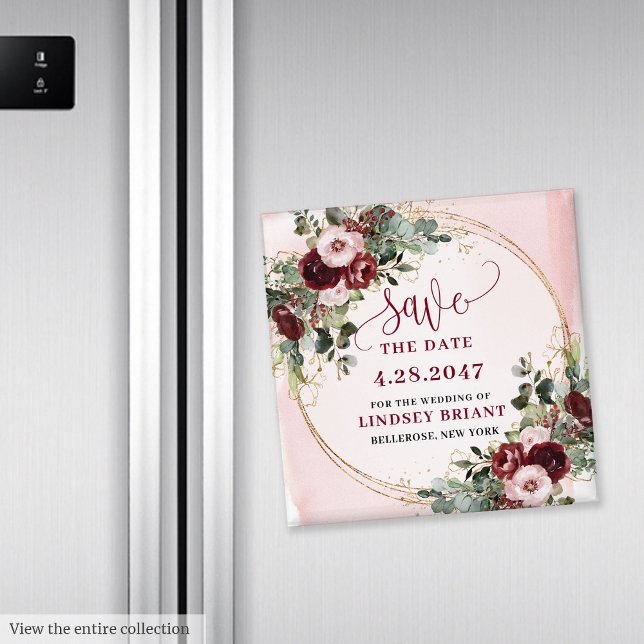 Elegant Boho Burgundy Blush Gold Floral Magnet (You want to be unique? This watercolor burgundy and blush floral save the date magnet is the perfect)