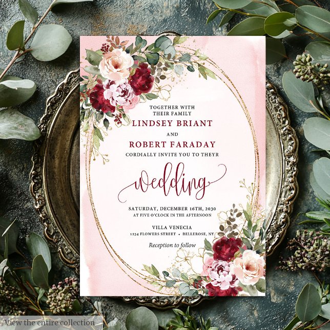 Elegant Boho Burgundy Blush Gold Floral Wedding  Invitation (Elegant Boho Burgundy Blush Gold Floral Wedding Invite

)