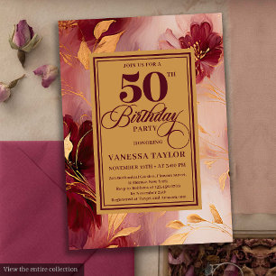 Elegant Boho Burgundy Blush Gold Roses 50th Bday Invitation