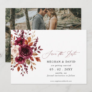 Elegant Boho Burgundy Fall Floral Photo Save The Date