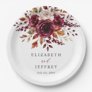 Elegant Boho Burgundy Fall Floral Wedding Paper Plate