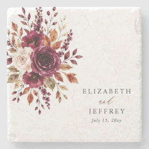Elegant Boho Burgundy Fall Floral Wedding Stone Coaster