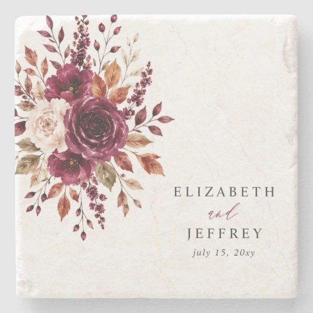 Elegant Boho Burgundy Fall Floral Wedding Stone Coaster (Front)