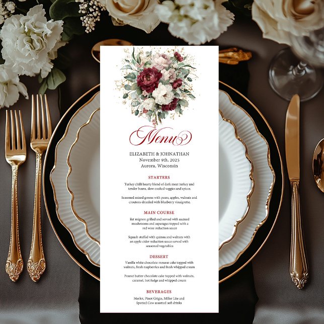 Elegant Boho Burgundy Floral Eucalyptus Gold Menu  (Elegant Boho Burgundy Floral Eucalyptus Gold Menu Card)