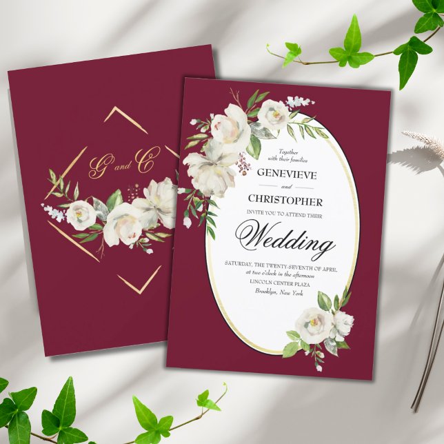 Elegant Boho Burgundy Floral Gold Wedding Invitation (ELEGANT CLASSIC BURGUNDY BOHO WHITE ROSES WEDDING INVITATION)