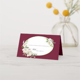 Elegant Boho Burgundy Floral Gold Wedding Monogram Place Card