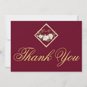 Elegant Boho Burgundy Floral Gold Wedding Monogram Thank You Card