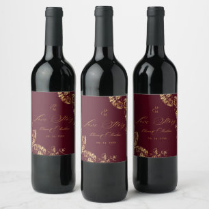 Elegant Boho Burgundy Gold Autumn Wedding Wine Label