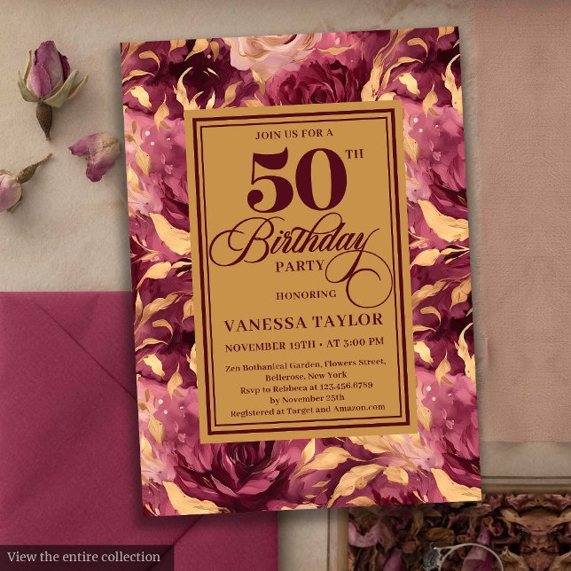 Elegant Boho Burgundy Gold Floral 50th Birthday  Invitation (Elegant Boho Burgundy Gold Floral 50th Birthday Invitation)