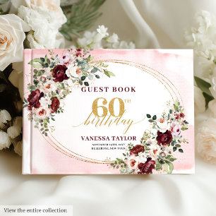 Elegant Boho Burgundy Gold Floral 60th Birthday Guest Book