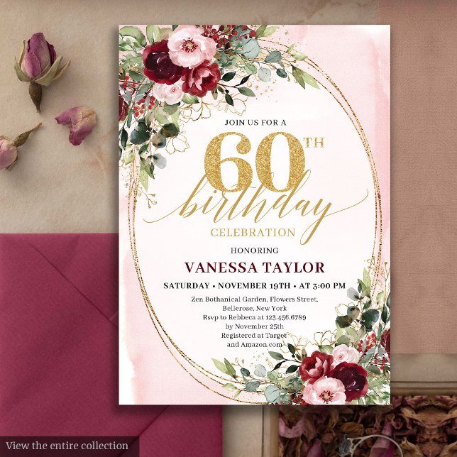 Elegant Boho Burgundy Gold Floral 60th Birthday Invitation (Elegant Boho Burgundy Gold Floral 60th Birthday)