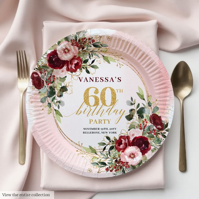 Elegant Boho Burgundy Gold Floral 60th Birthday   Paper Plate (Elegant Boho Burgundy Gold Floral 60th Birthday Plates)