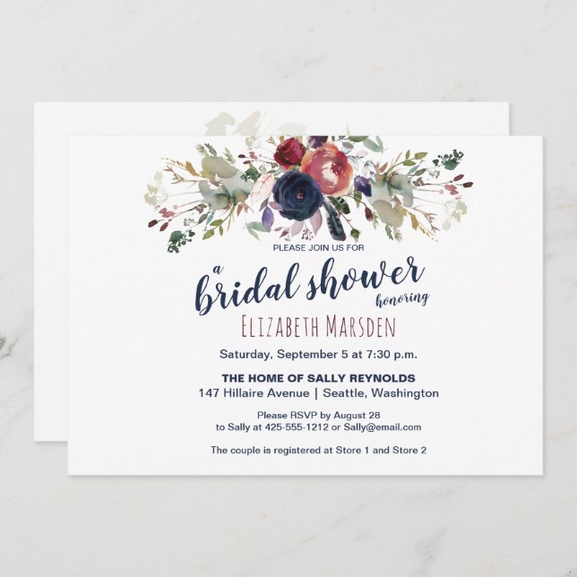 Elegant Boho Burgundy Navy Floral Bridal Shower Invitation (Front/Back)