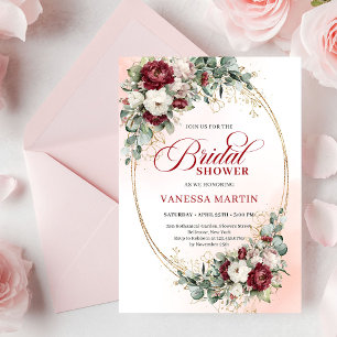 Elegant Boho Burgundy & White Floral Bridal Shower Invitation
