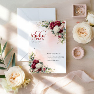 Elegant Boho Burgundy White Floral Gold Wedding RSVP Card