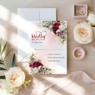 Elegant Boho Burgundy White Floral Gold Wedding  RSVP Card