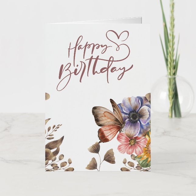 Elegant Boho Butterfly Floral Birthday  Foil Greeting Card (Front)