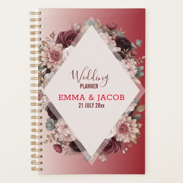 Elegant Boho Chic Blush Pink & Burgundy Floral  Planner (Front)