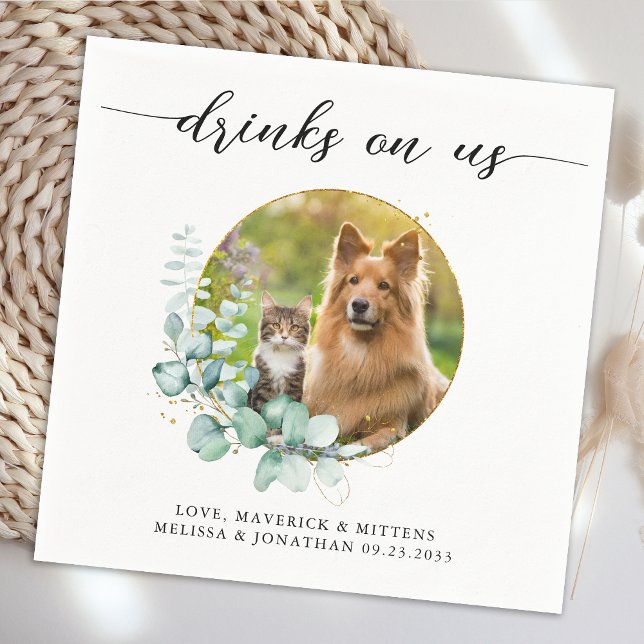 Elegant Boho Chic Drinks On Us Dog Photo Wedding Napkin (Creator Uploaded)