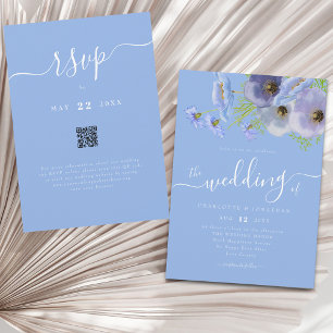 Elegant Boho Chic Floral Blue Wedding QR Code Invitation
