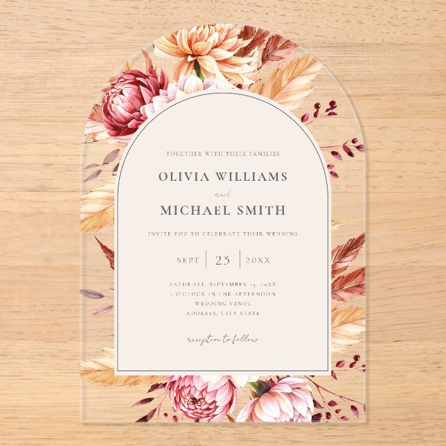 Elegant Boho Chic Floral Wedding Acrylic Invitations (Front)