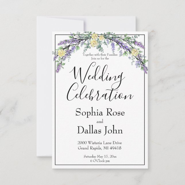 Elegant boho chic Lavender Yellow roses Wedding Invitation (Front)