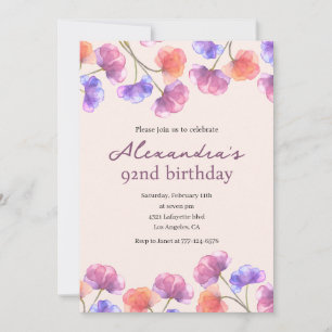 Elegant Boho Chic Watercolor Floral 92nd birthday Invitation