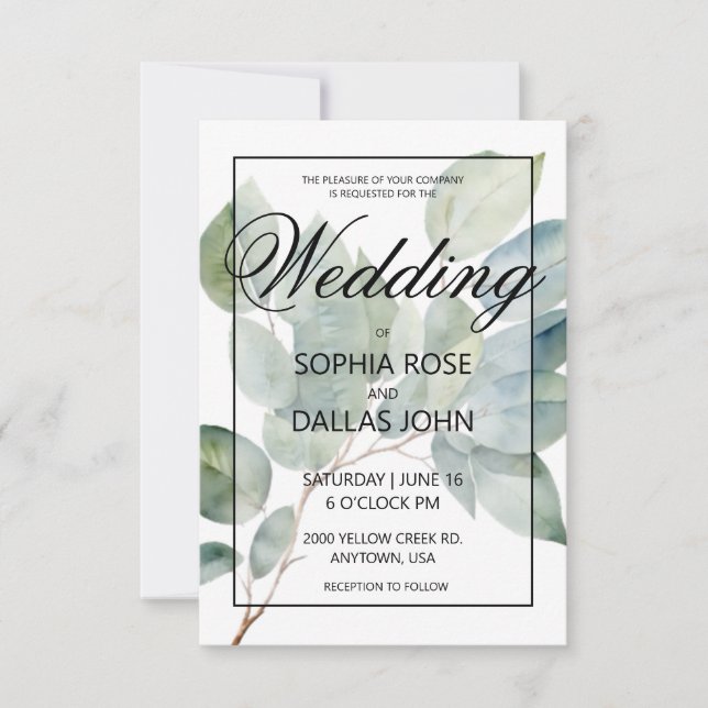 Elegant boho chic watercolor greenery botanical  invitation (Front)