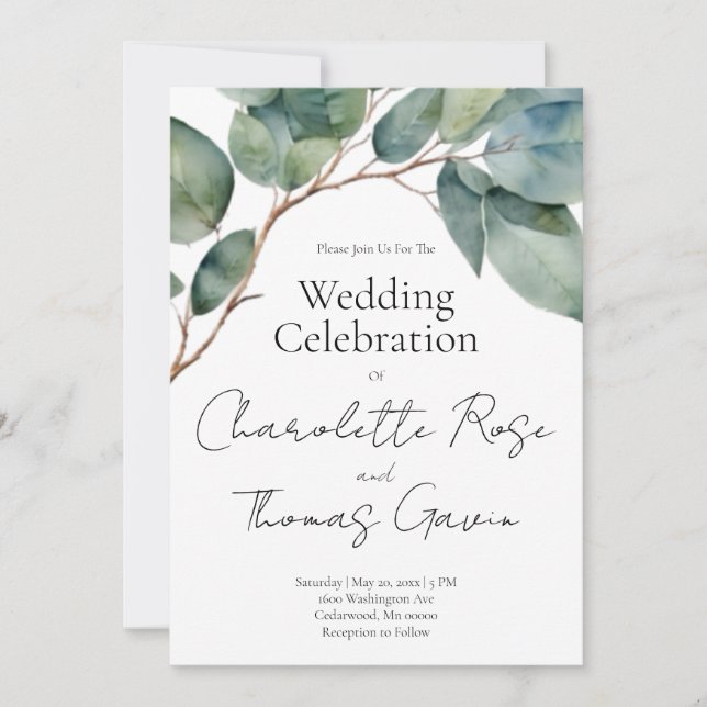 Elegant boho chic watercolor greenery botanical  invitation (Front)