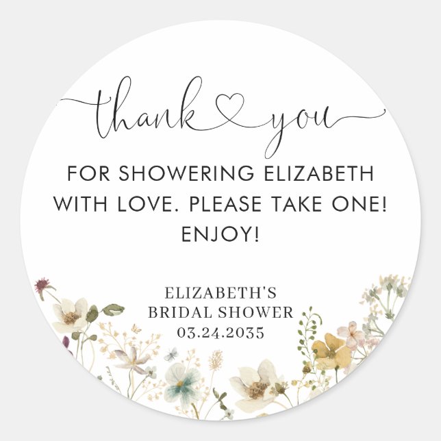 Elegant Boho Chic Wildflower Floral Thank You Classic Round Sticker (Front)