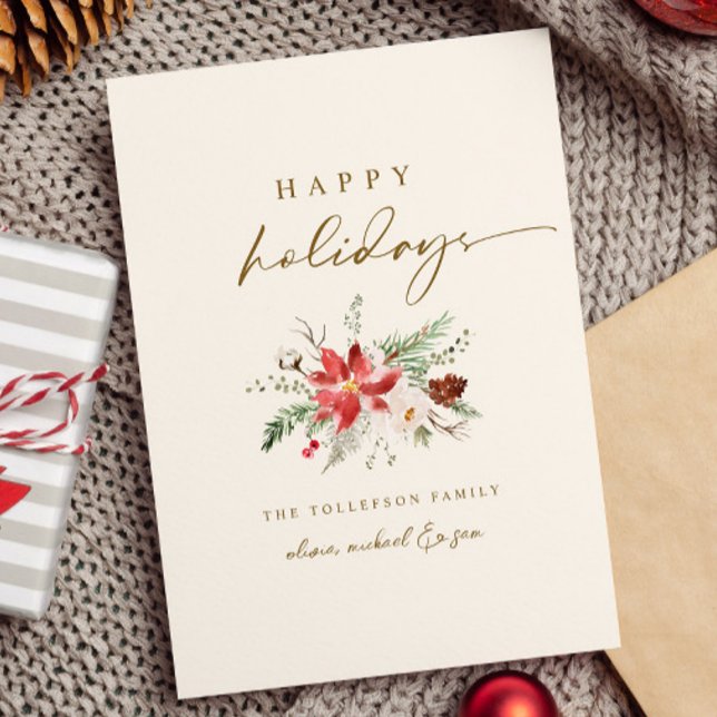 Elegant Boho Christmas Bouquet Delicate Holiday Card (Simple boho elegant christmas card - gold and cream - poinsettia floral bouquet greenery)