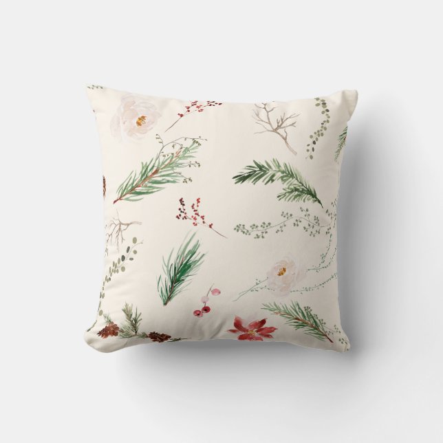 Elegant Boho Christmas Holiday Poinsettia Pine Cushion (Front)