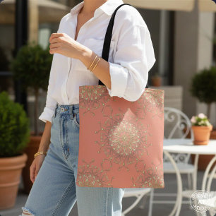 Elegant Boho Coral Pink & Gold Jewel Mandala Tote Bag