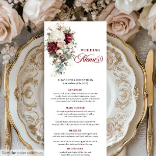 Elegant boho deep red gold roses chic wedding menu