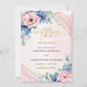 Elegant boho dusty blue and blush roses gold frame save the date