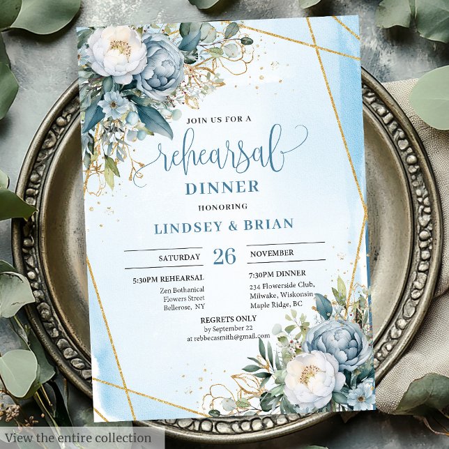 Elegant Boho Dusty Blue Eucalyptus Gold Rehearsal  Invitation (Elegant Dusty Blue Eucalyptus Gold Rehearsal Invite)