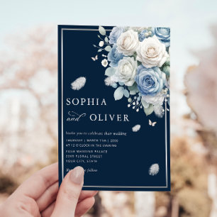 Elegant Boho Dusty Blue Floral Elegant Wedding Invitation